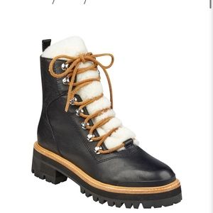 Marc Fisher LTF Izzie Genuine Shearling Lace Up Boot - black leather tan suede